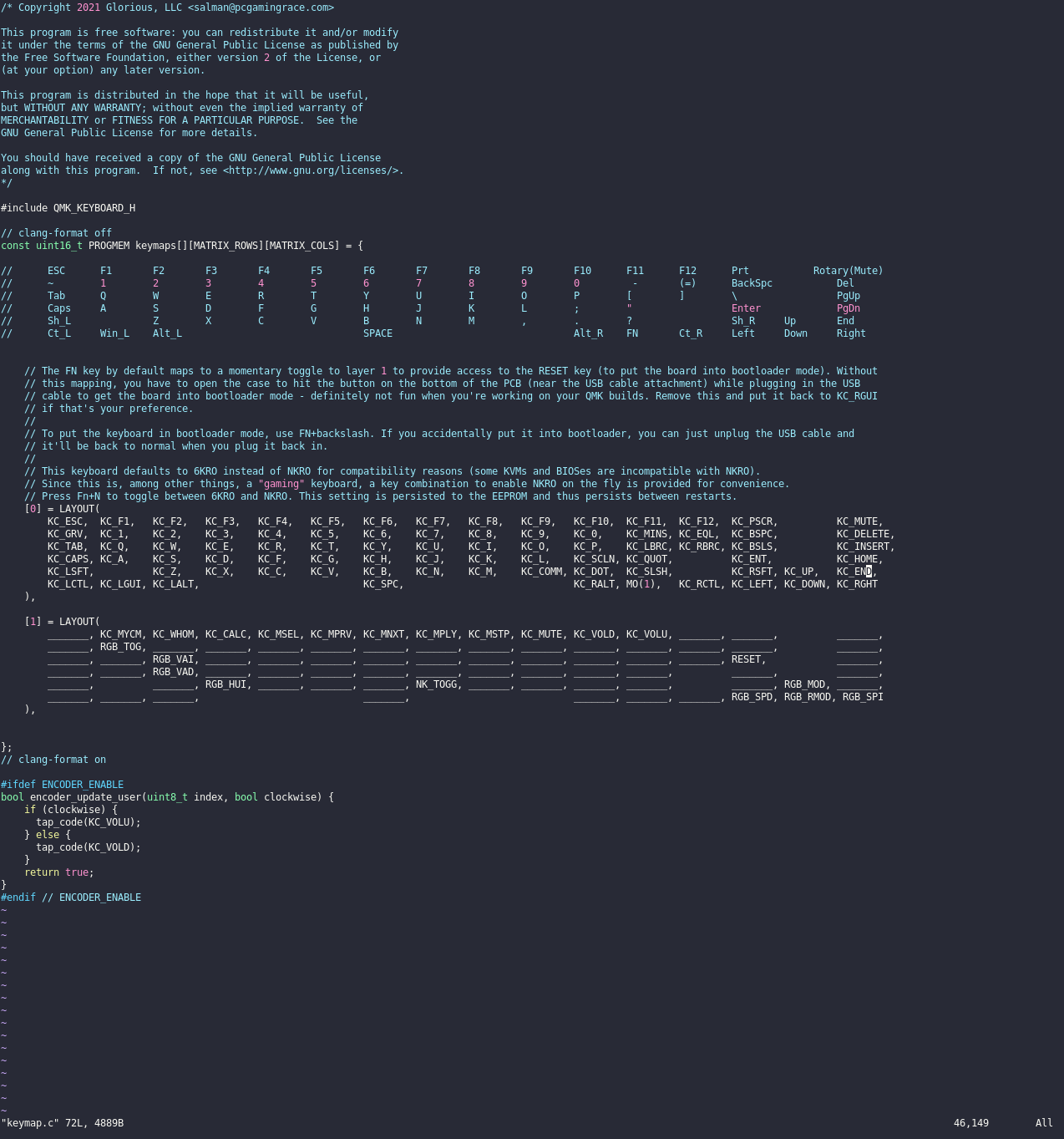 The generated keymap.c after running qmk new-keymap